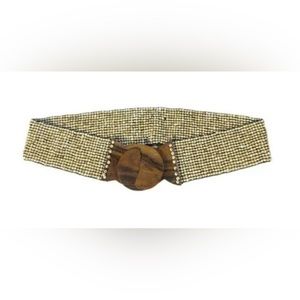 Vintage Bohemian Belt Stretch Glass Beaded Wood Buckle Statement Belt Tan Beige